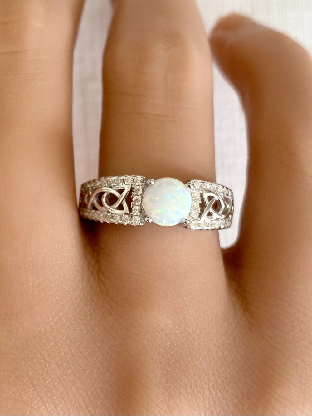 Round White fire Opal Celtic Knot Design Pave CZ Sterling Silver Women’s Ring